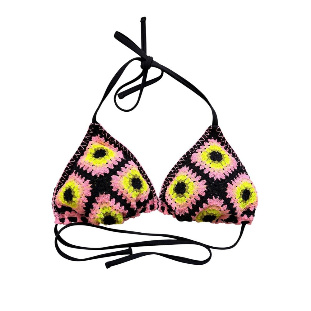 Wild Fable L Crochet Granny Square Halter Bikini Top Black Pink Neon Y2K Boho